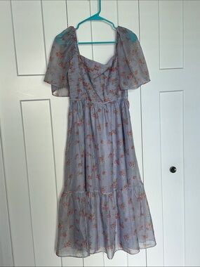 Periwinkle Floral Midi Dress with Flutter Sleeves